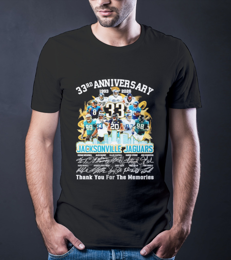 Jacksonville Jaguars 33rd Anniversary Players Collage City Skyline T-Shirt