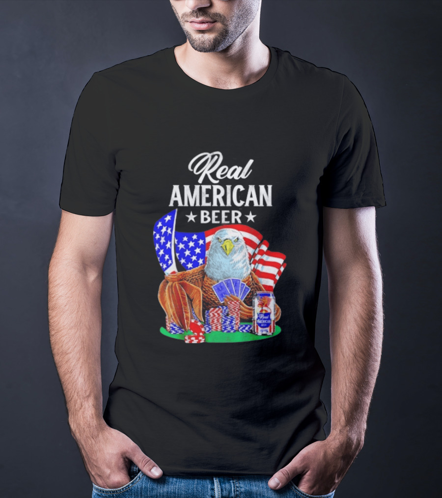 Real American Eagle Poker With Beer And Flag T-Shirt
