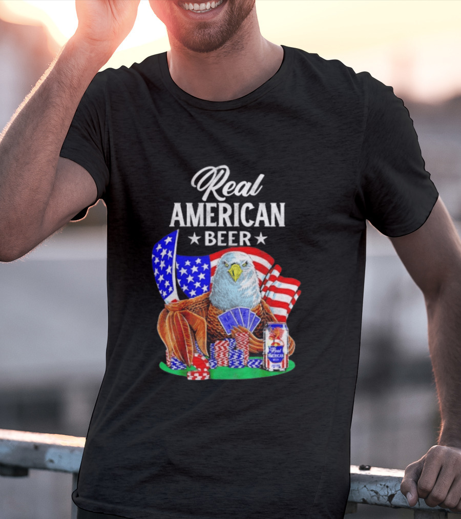 Real American Eagle Poker With Beer And Flag T-Shirt