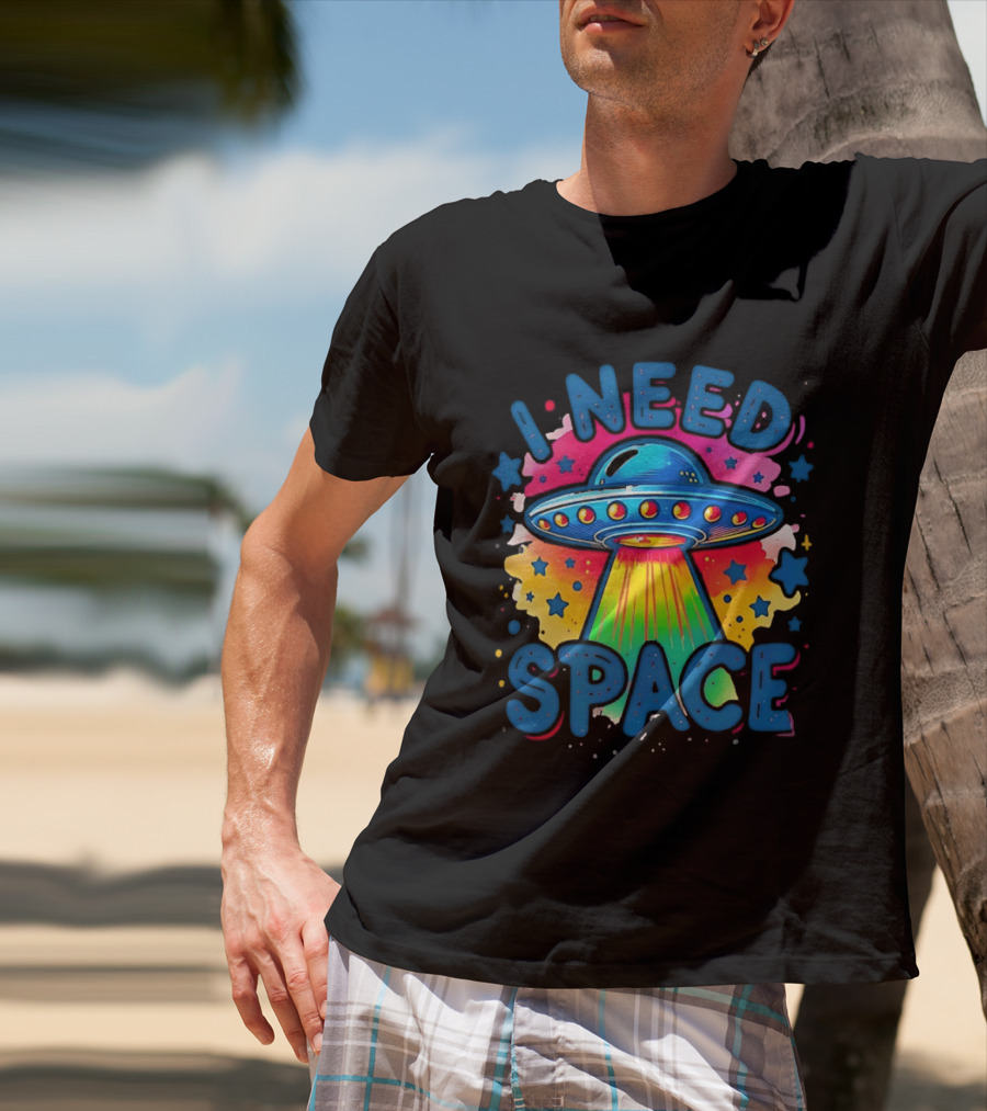 UFO I Need Space Colorful Alien Spaceship Retro Stars T-Shirt
