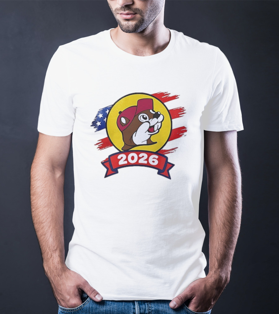 Buc Ee's 2026 Celebration With Iconic Beaver Emblem And American Flag T-Shirt