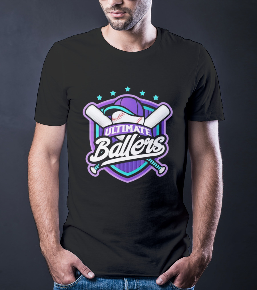 Ultimate Ballers Baseball Purple Cap Bats Retro Five Stars T-Shirt