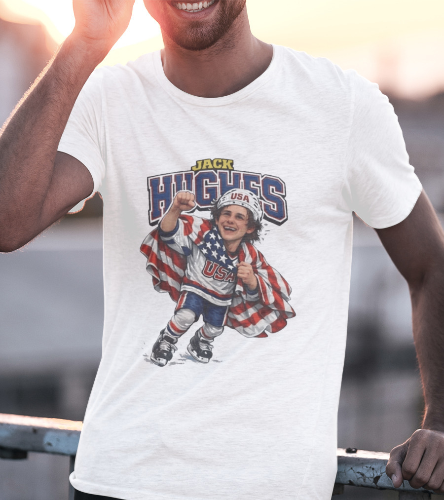 Jack Hughes USA Hockey Caricature American Flag T-Shirt
