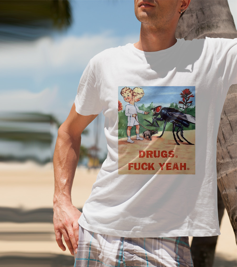 DRUGS FUCK YEAH Retro Cartoon Big Fly Tiny Elephant T-Shirt