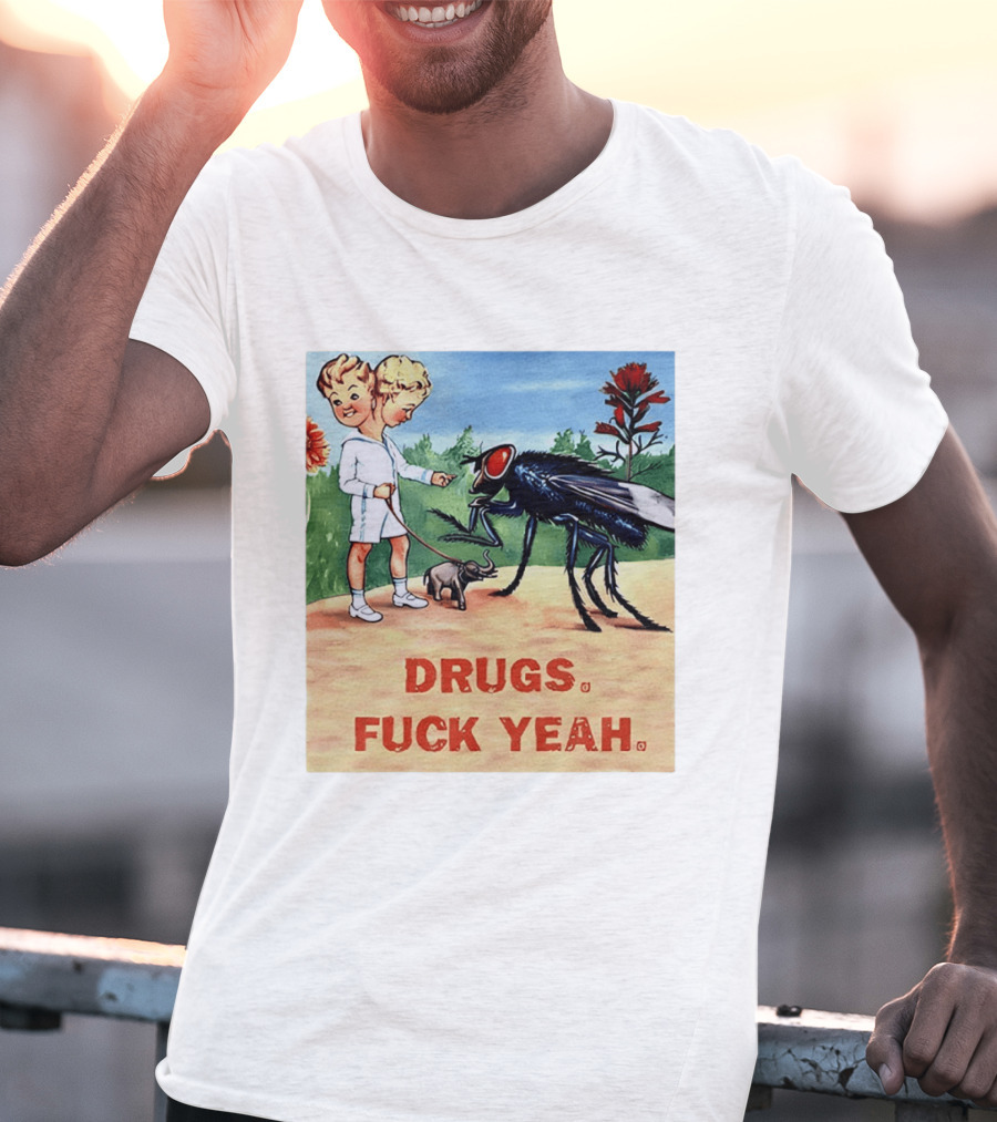 DRUGS FUCK YEAH Retro Cartoon Big Fly Tiny Elephant T-Shirt
