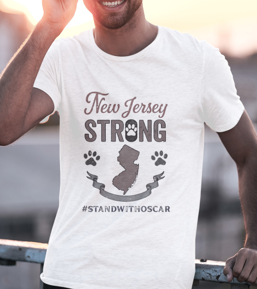 New Jersey Strong Stand With Oscar Support Hashtag Paw Print Map T-Shirt
