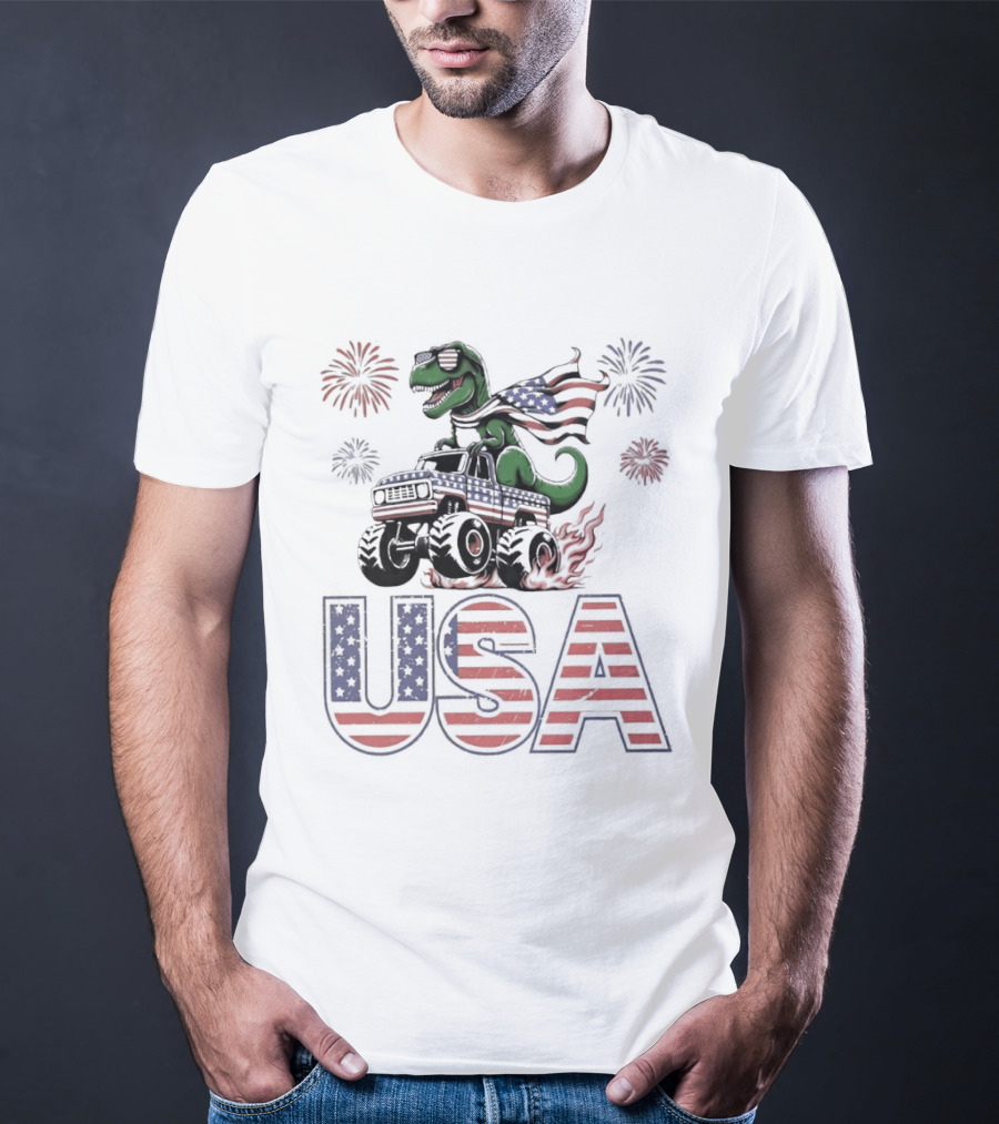 USA Independence Day 4th Of July Rex Monster Truck Fireworks American Flag T-Shirt