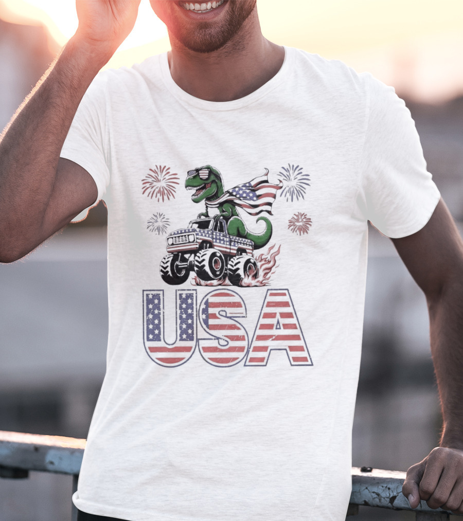 USA Independence Day 4th Of July Rex Monster Truck Fireworks American Flag T-Shirt