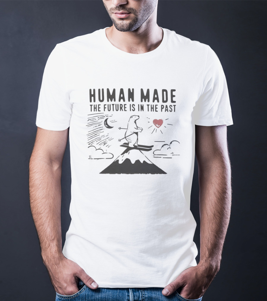 Polar Bear Skiing Human Made The Future Is In The Past Moon Heart Clouds Mountain T-Shirt
