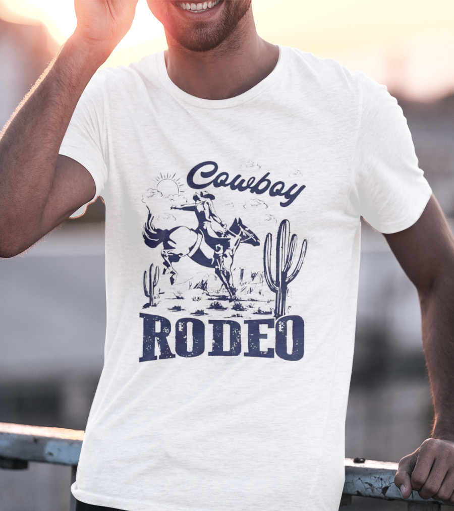 Rodeo Cowboy Horse Riding In Desert Scenery T-Shirt