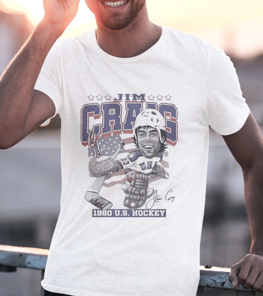 Jim Craig USA Team Hockey 1980 American Flag Helmet T-Shirt