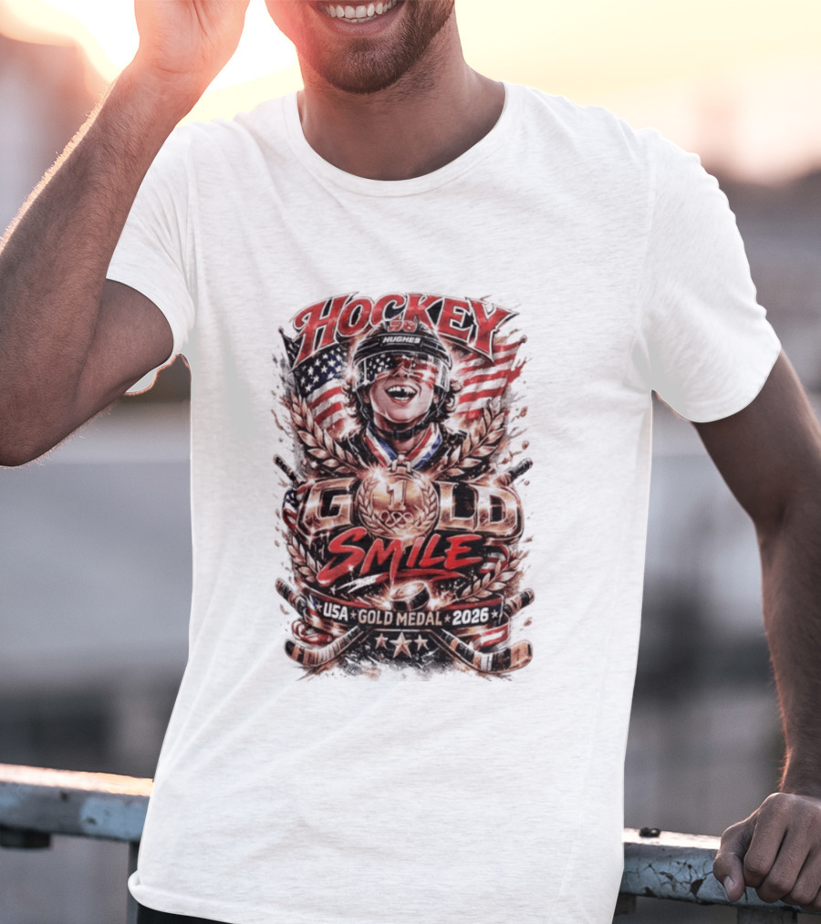 Hockey USA Gold Medal 2026 Gold Smile Hughes Victory T-Shirt