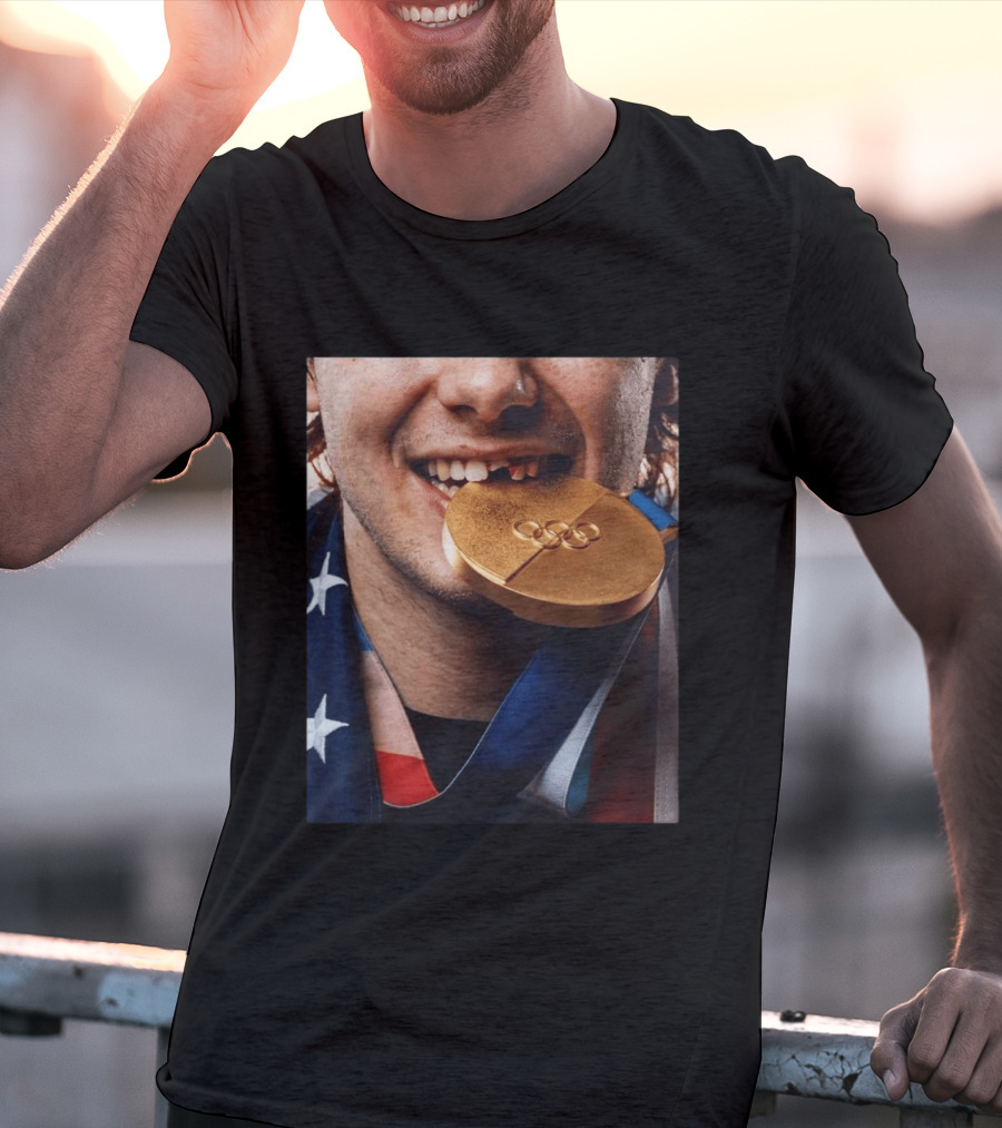 Jack Hughes Olympic Triumph 2026 USA Hockey Shattered Smile Golden Medal T-Shirt