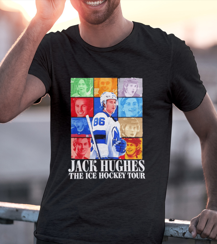 Jack Hughes 86 The Ice Hockey Tour Colorful Portrait Compilation T-Shirt