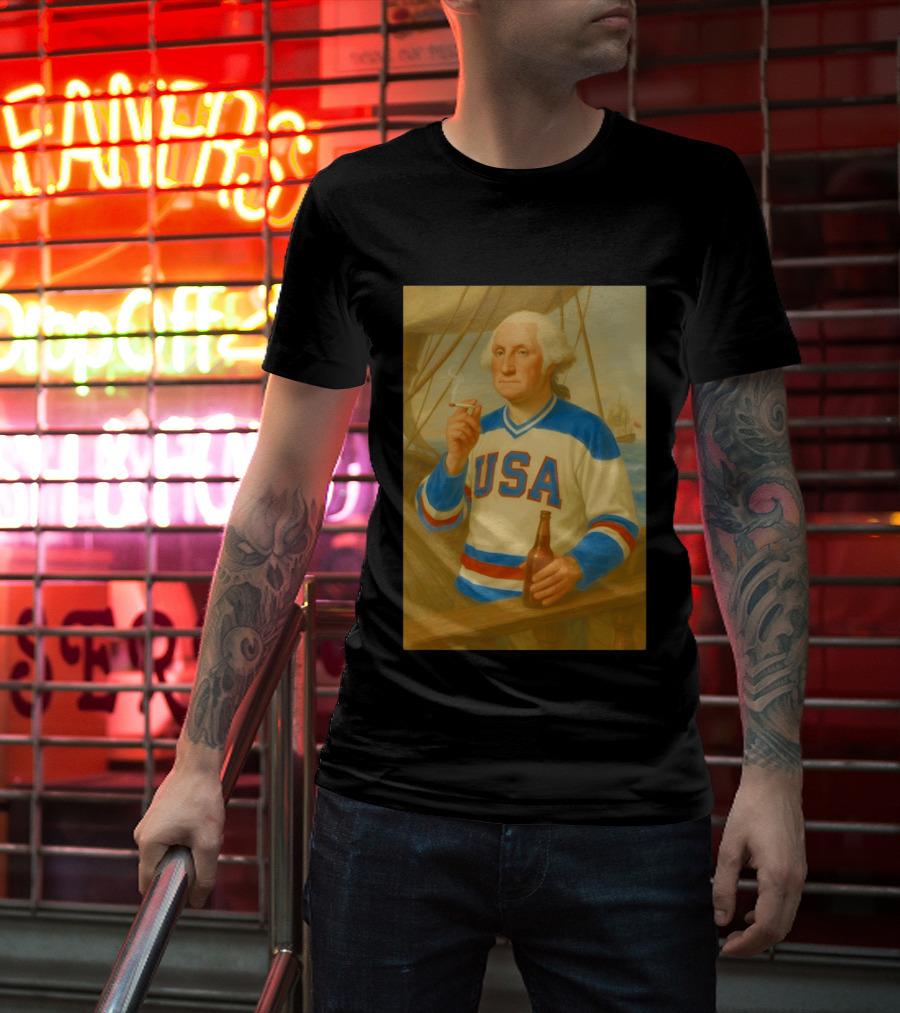 USA Hockey Jersey Wearing George Washington Smoking Holding Beer T-Shirt