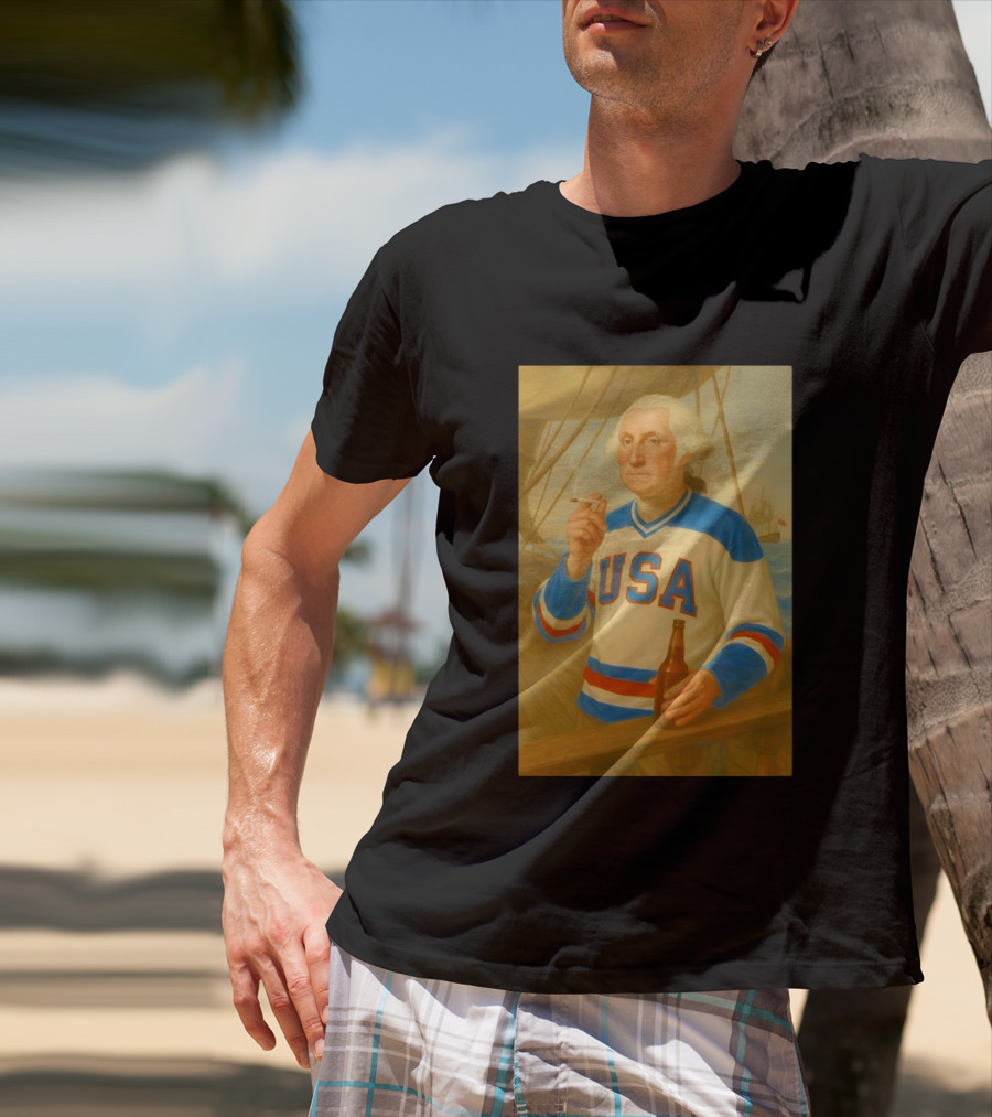 USA Hockey Jersey Wearing George Washington Smoking Holding Beer T-Shirt