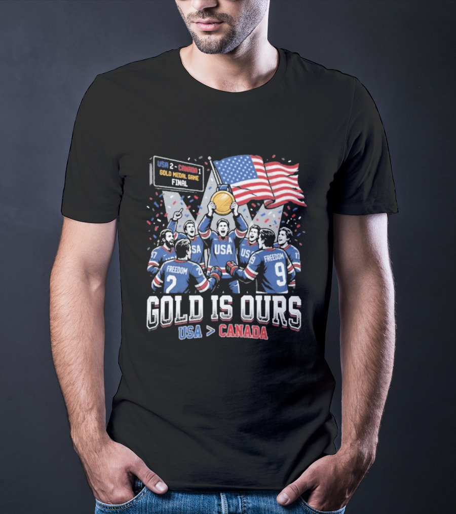 USA Hockey Victory Celebration Gold Medal Game USA Over Canada T-Shirt