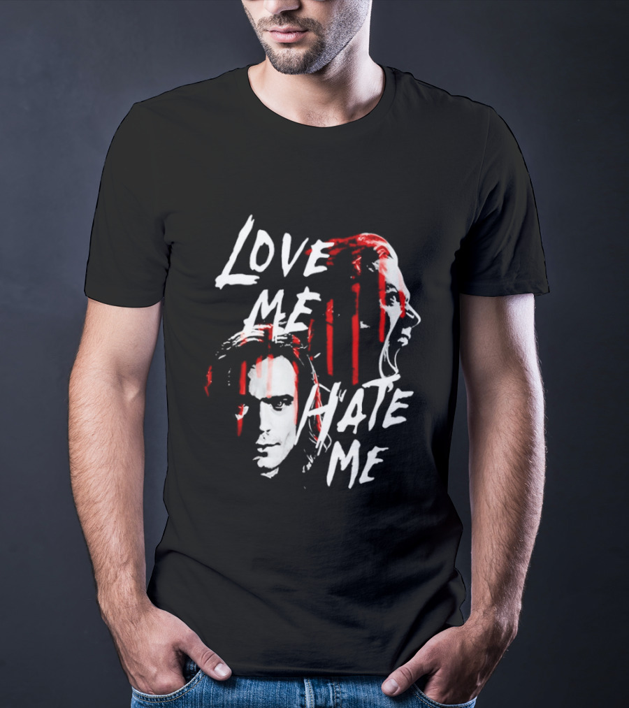 Love Me Hate Me White Text Red Brush Strokes Faces T-Shirt