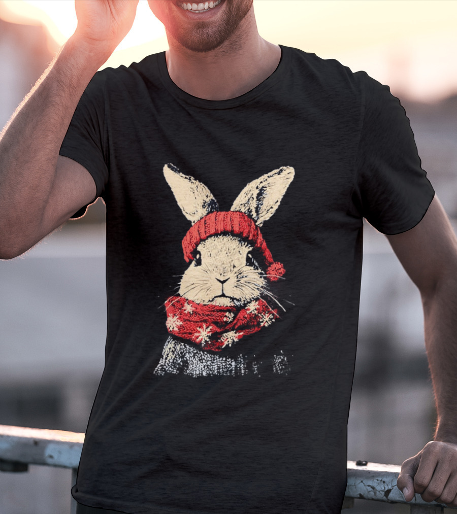Bunny Rabbit In Red Knit Hat With Snowflake Scarf Winter T-Shirt
