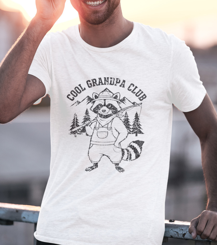 Cool Grandpa Club Raccoon With Fishing Rod And Mountain Trees T-Shirt