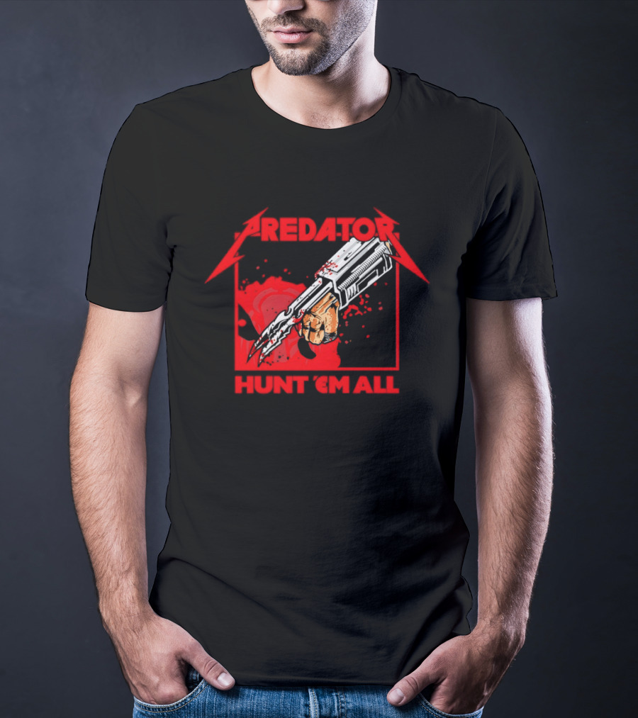 Hunt 'Em All With Iconic Predato Red Text And Weaponry T-Shirt