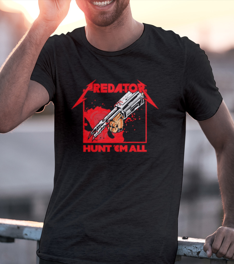 Hunt 'Em All With Iconic Predato Red Text And Weaponry T-Shirt