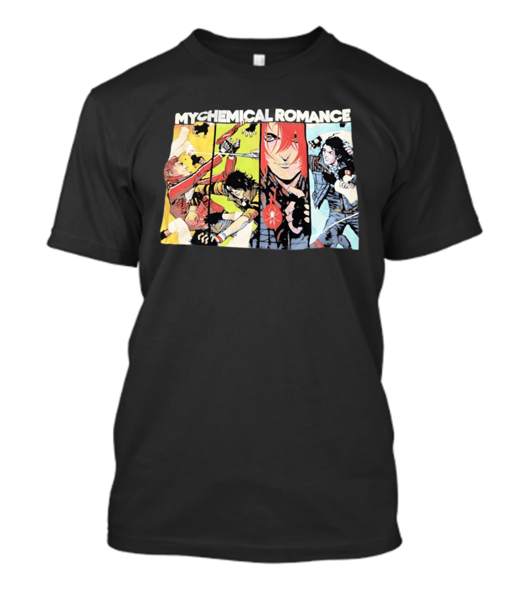 My Chemical Romance Comic Book Characters And Spider Symbol Vibrant Panel T-Shirt