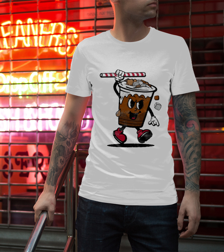Reading Iced Coffees Cartoon Cup Character Fun T-Shirt
