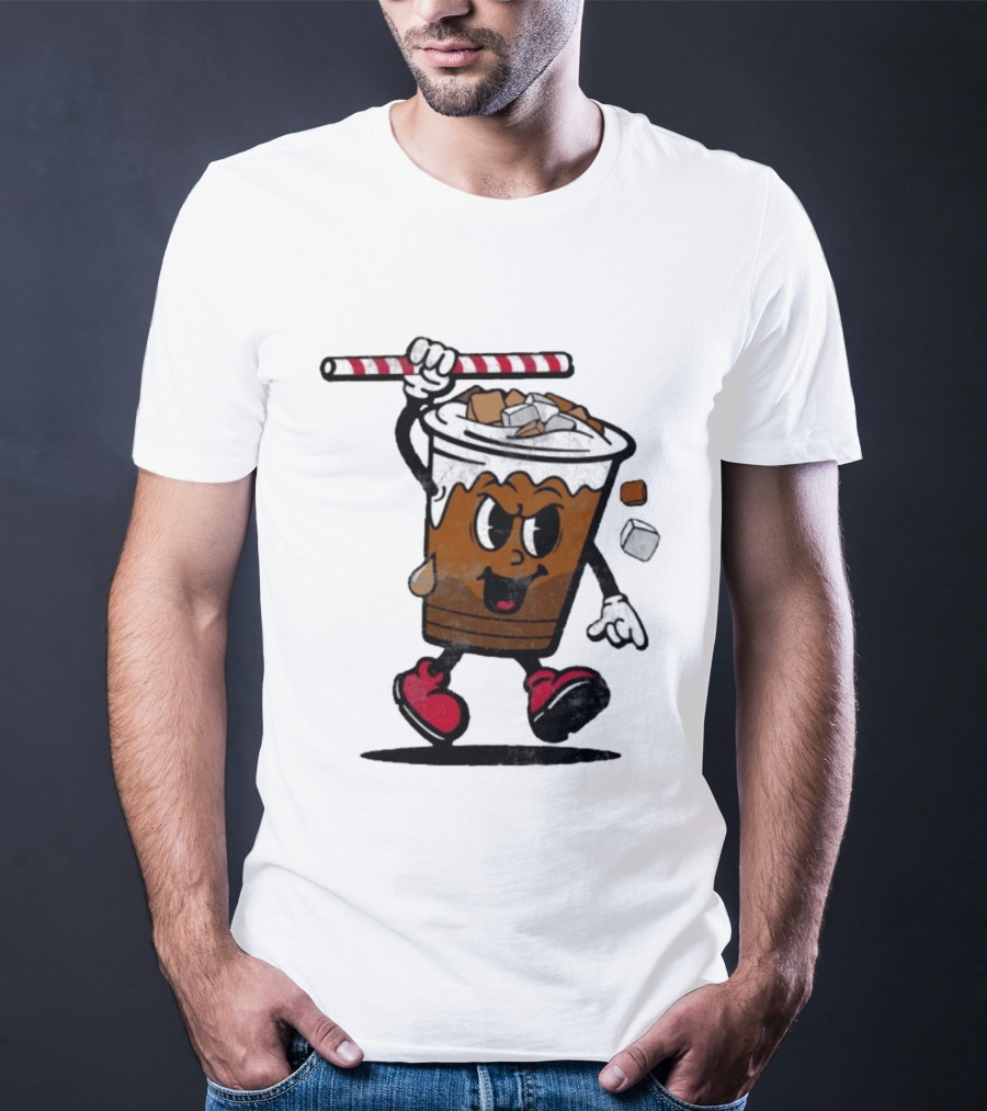 Reading Iced Coffees Cartoon Cup Character Fun T-Shirt