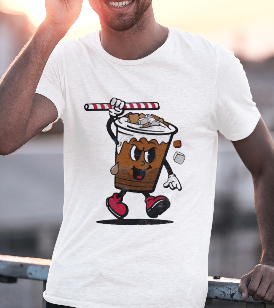Reading Iced Coffees Cartoon Cup Character Fun T-Shirt