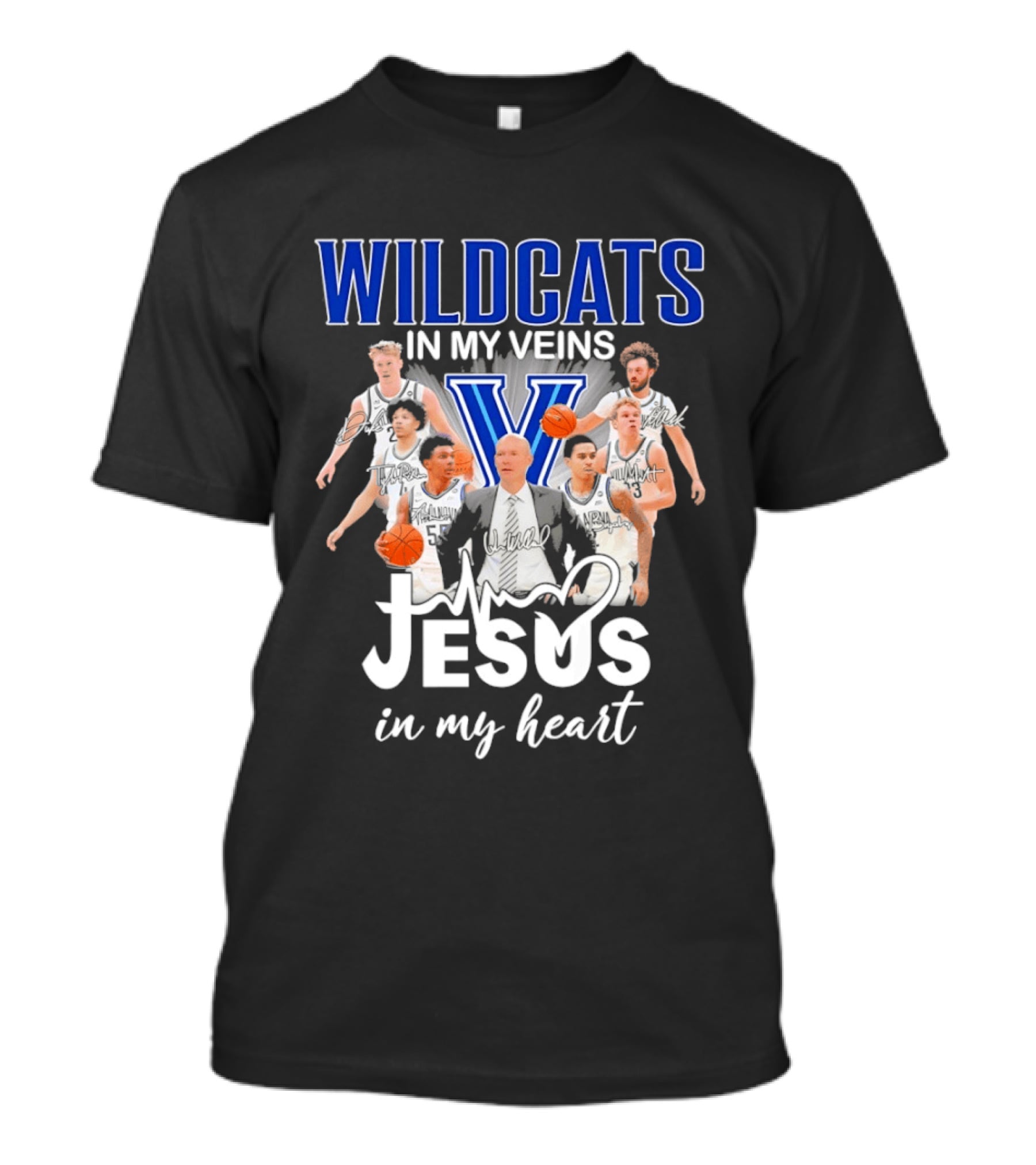Wildcats In My Veins Jesus In My Heart Villanova Basketball Team Coach Kevin Willard T-Shirt