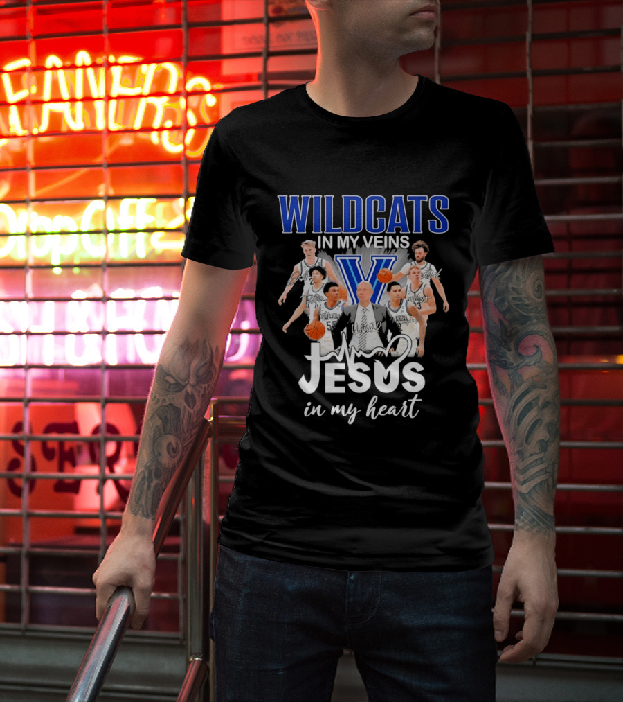 Wildcats In My Veins Jesus In My Heart Villanova Basketball Team Coach Kevin Willard T-Shirt
