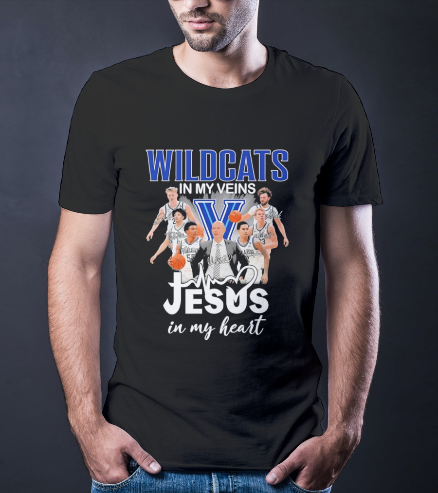 Wildcats In My Veins Jesus In My Heart Villanova Basketball Team Coach Kevin Willard T-Shirt