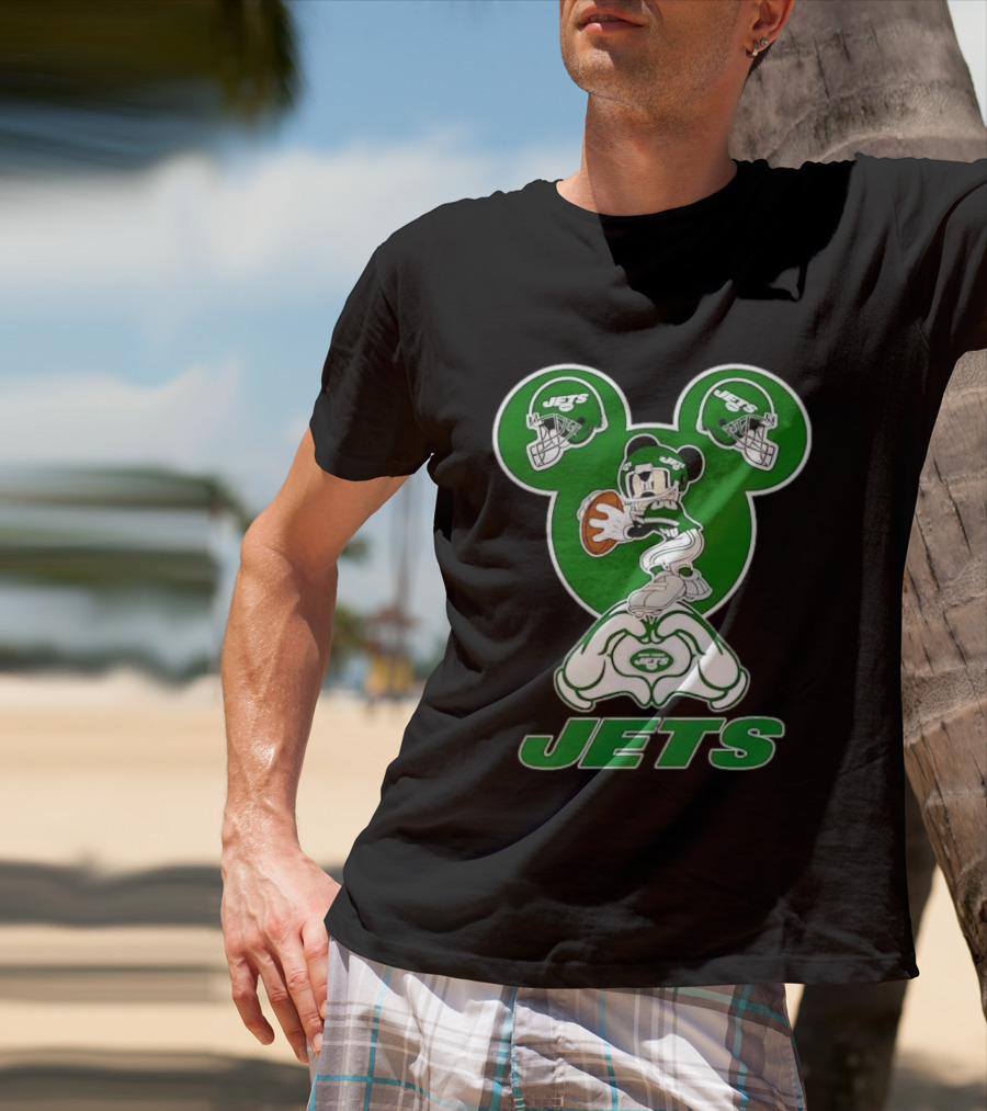 New York Jets Mickey Mouse Football Heart Hands T-Shirt