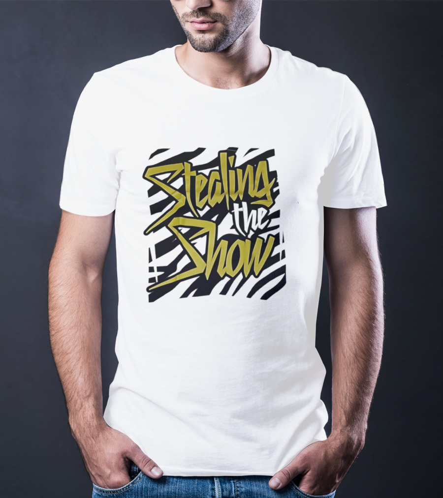 Stealing The Show Bold Graffiti Style Text On Striped T-Shirt