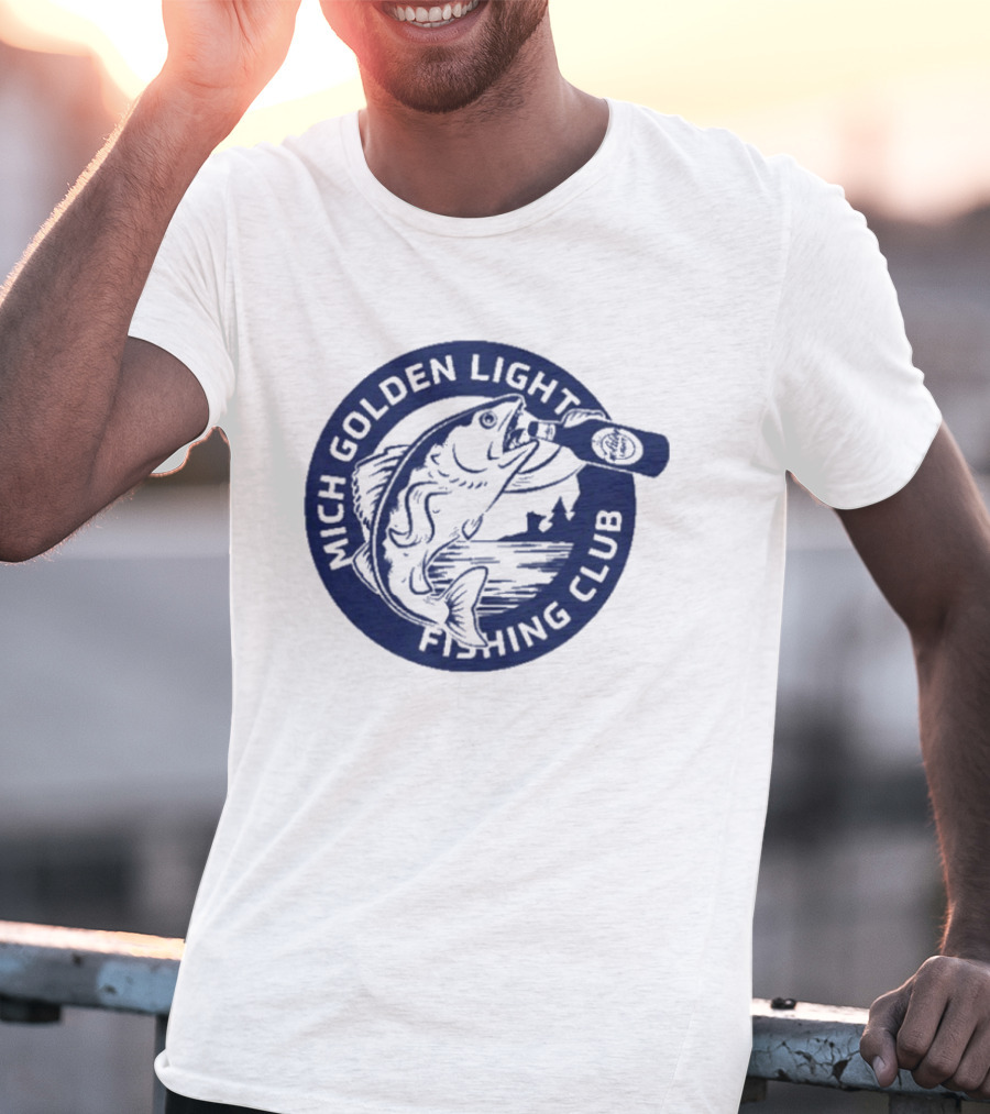 Mich Golden Light Fishing Club Logo With Fish And Bottle T-Shirt