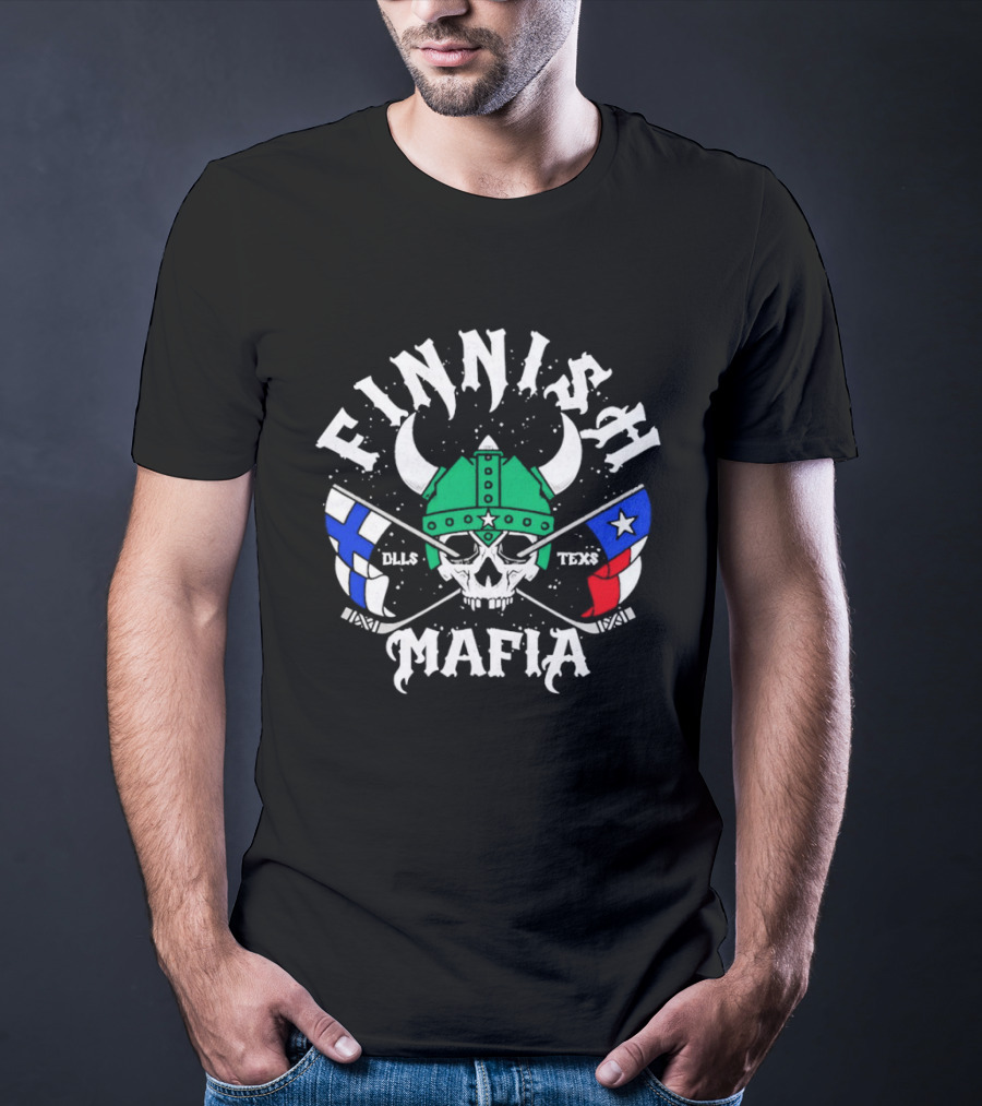 Finnish Mafia Skull Helm Crossed Sticks Finland Dallas Texas Flags T-Shirt