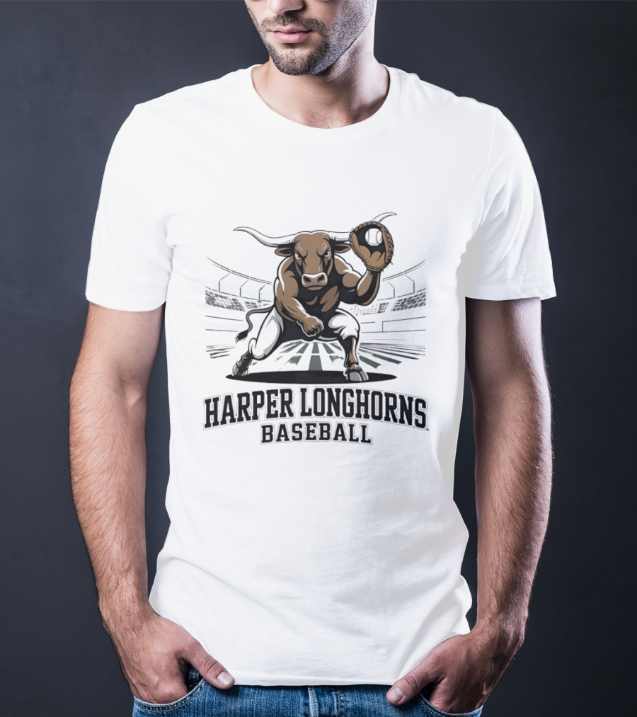Harper Longhorns Baseball Fierce Bull Mascot Stadium Scene T-Shirt