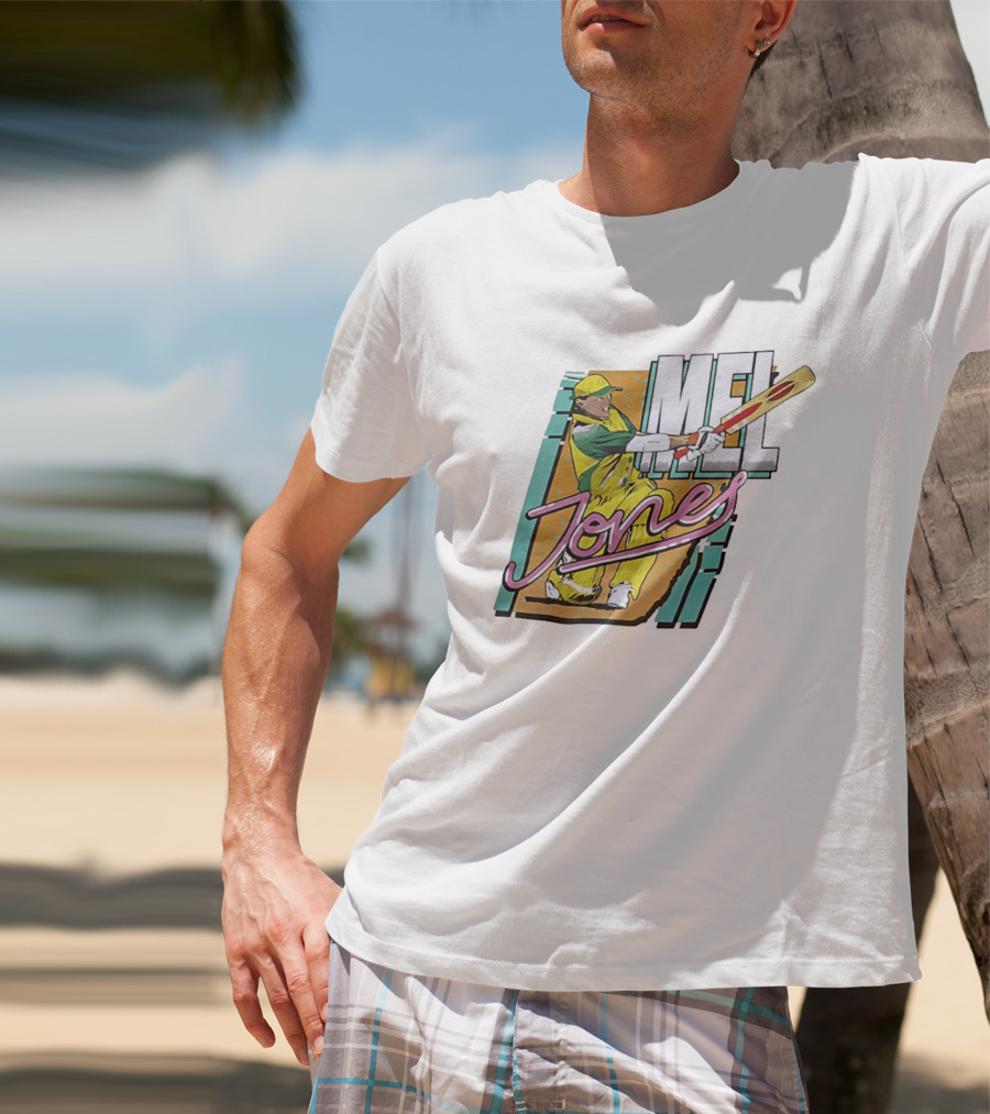 Mel Jones Cricket Caricature Batting Legend In Green And Gold T-Shirt
