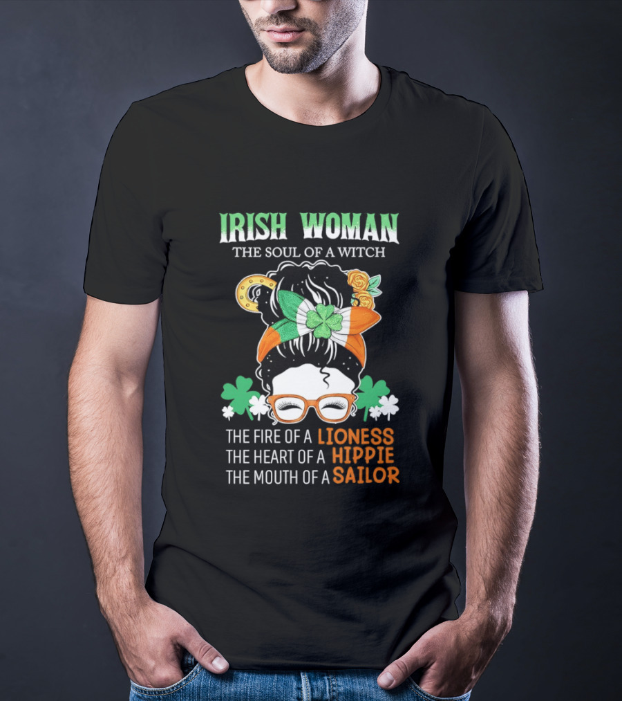 Irish Woman The Soul Of A Witch The Fire Of A Lioness The Heart Of A Hippie The Mouth Of A Sailor Shamrock Glasses Bandana T-Shirt