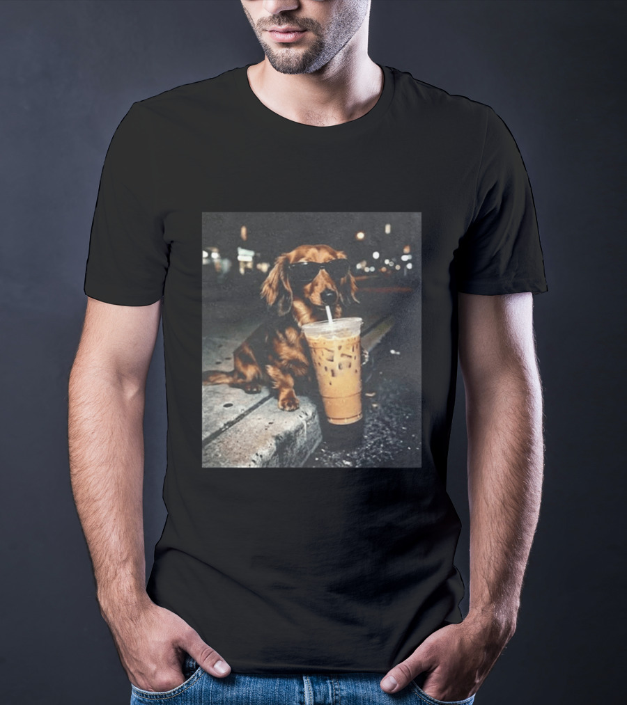 Dachshund Enjoying Iced Coffee With Sunglasses T-Shirt