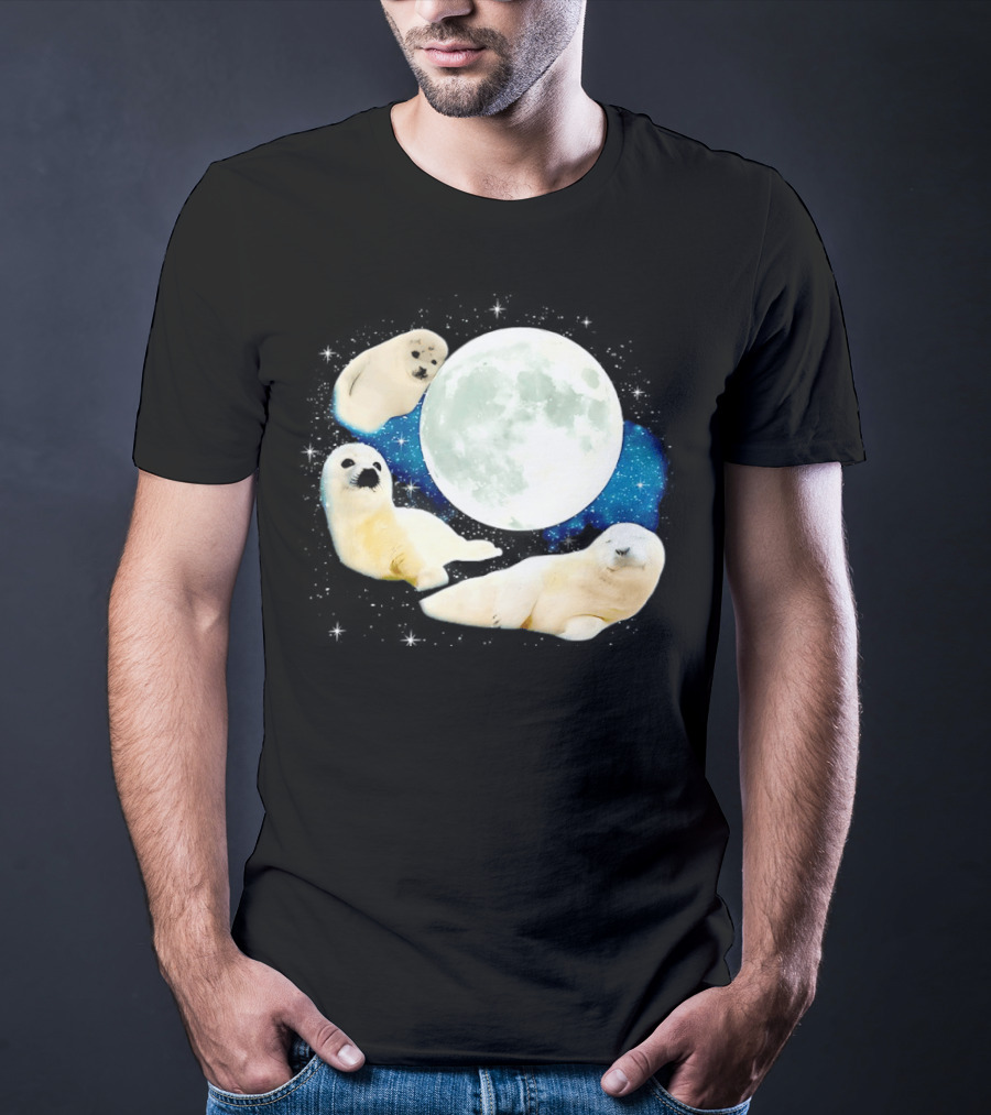 Adorable Seals Playfully Resting Under A Radiant Full Moonlit Sky With Cosmic Backdrop T-Shirt