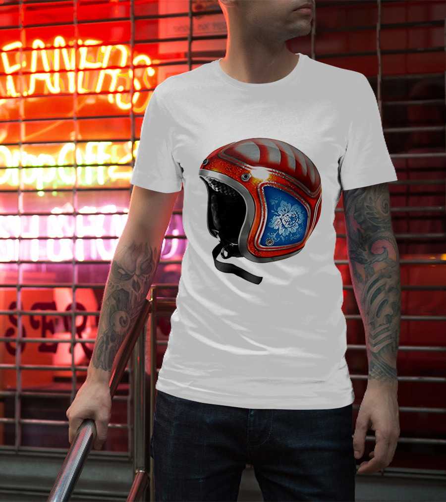 Blue Bloom Racer Helmet Red White Stripes Floral Blossom T-Shirt
