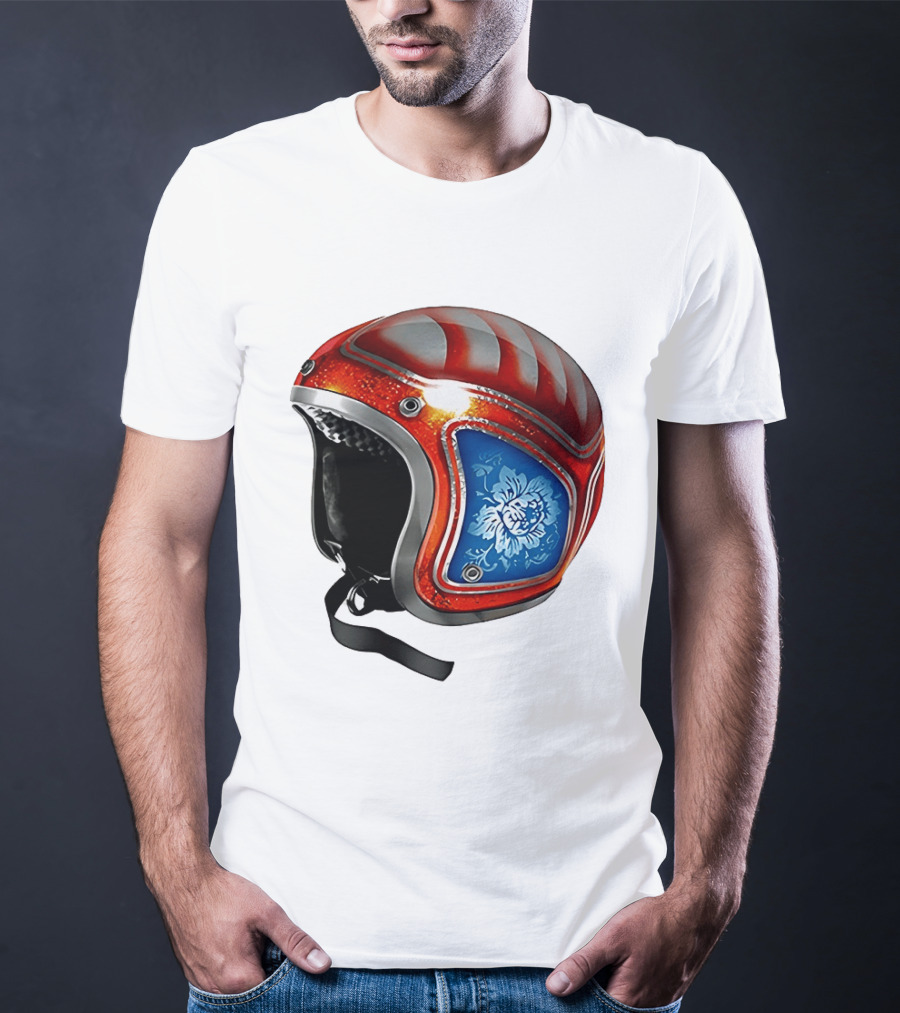 Blue Bloom Racer Helmet Red White Stripes Floral Blossom T-Shirt