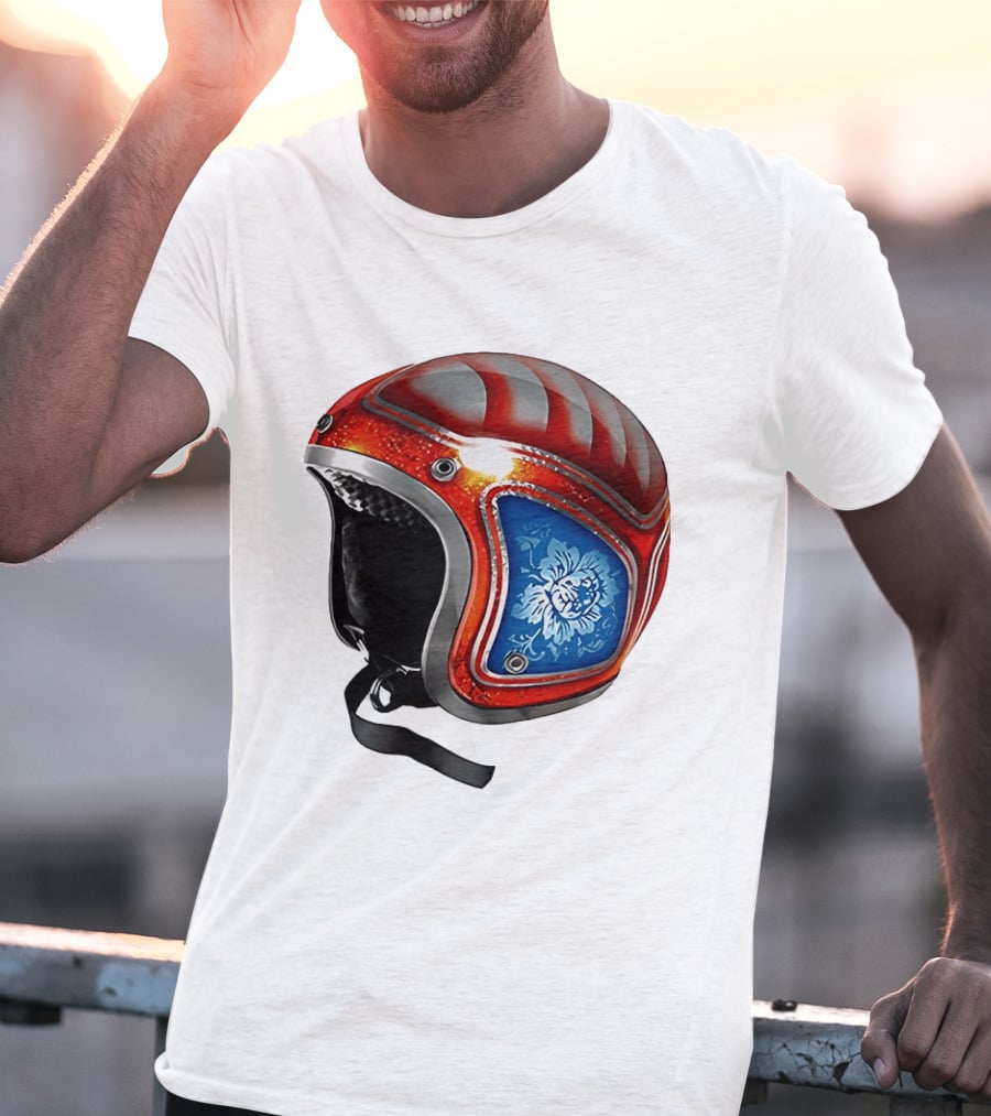 Blue Bloom Racer Helmet Red White Stripes Floral Blossom T-Shirt