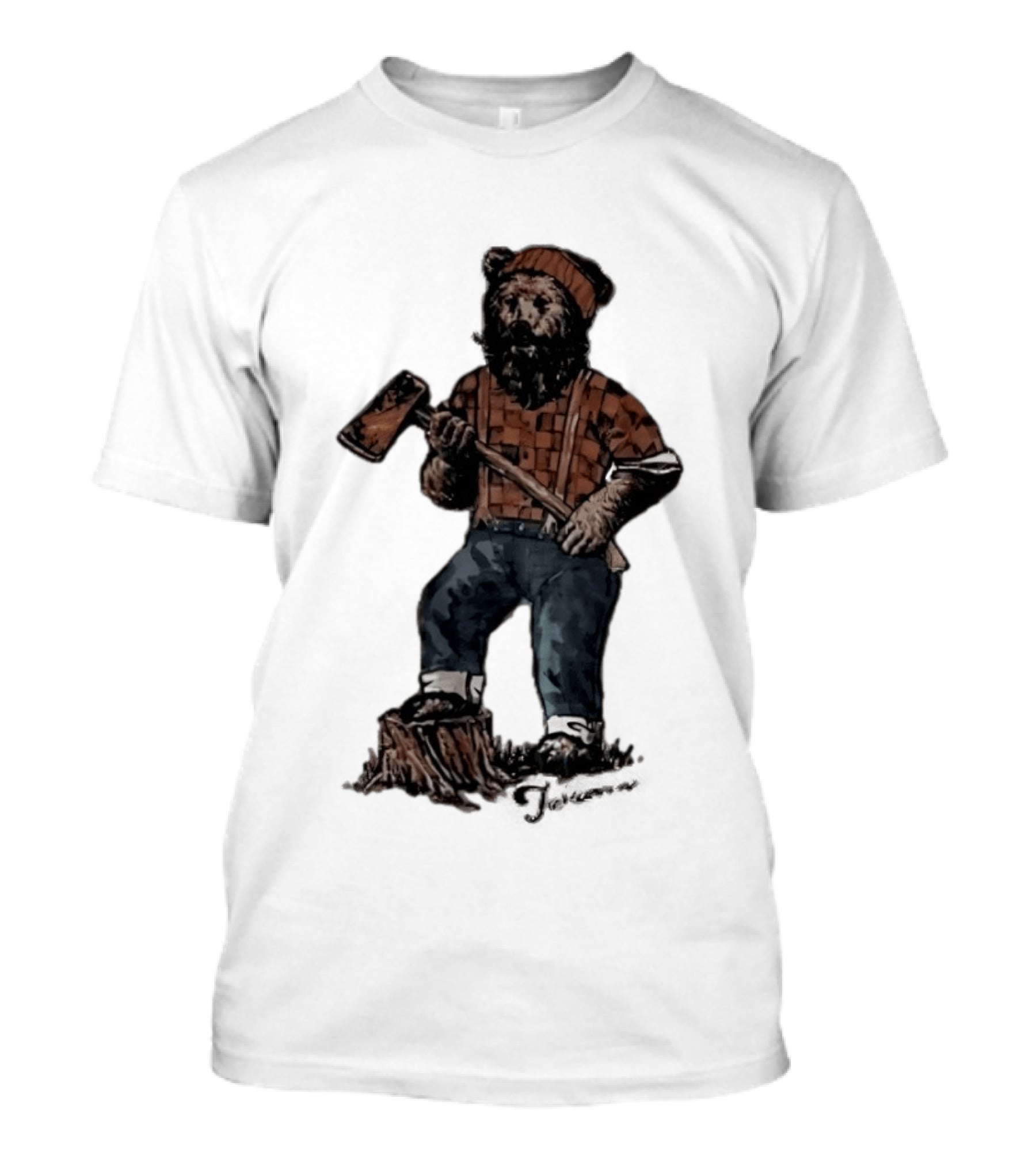 Lumberjack Bear Holding Axe Plaid Denim Jeans Beanie T-Shirt