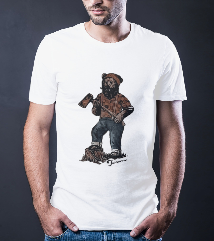 Lumberjack Bear Holding Axe Plaid Denim Jeans Beanie T-Shirt