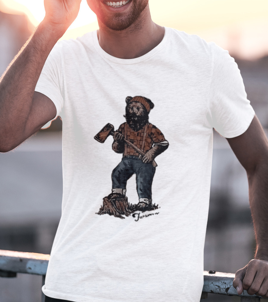 Lumberjack Bear Holding Axe Plaid Denim Jeans Beanie T-Shirt