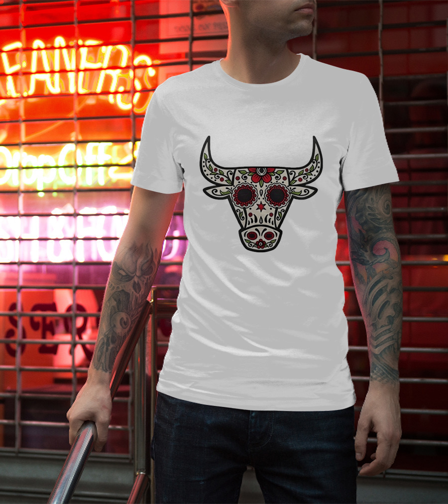Sacred Bull Sugar Skull Floral Motif T-Shirt