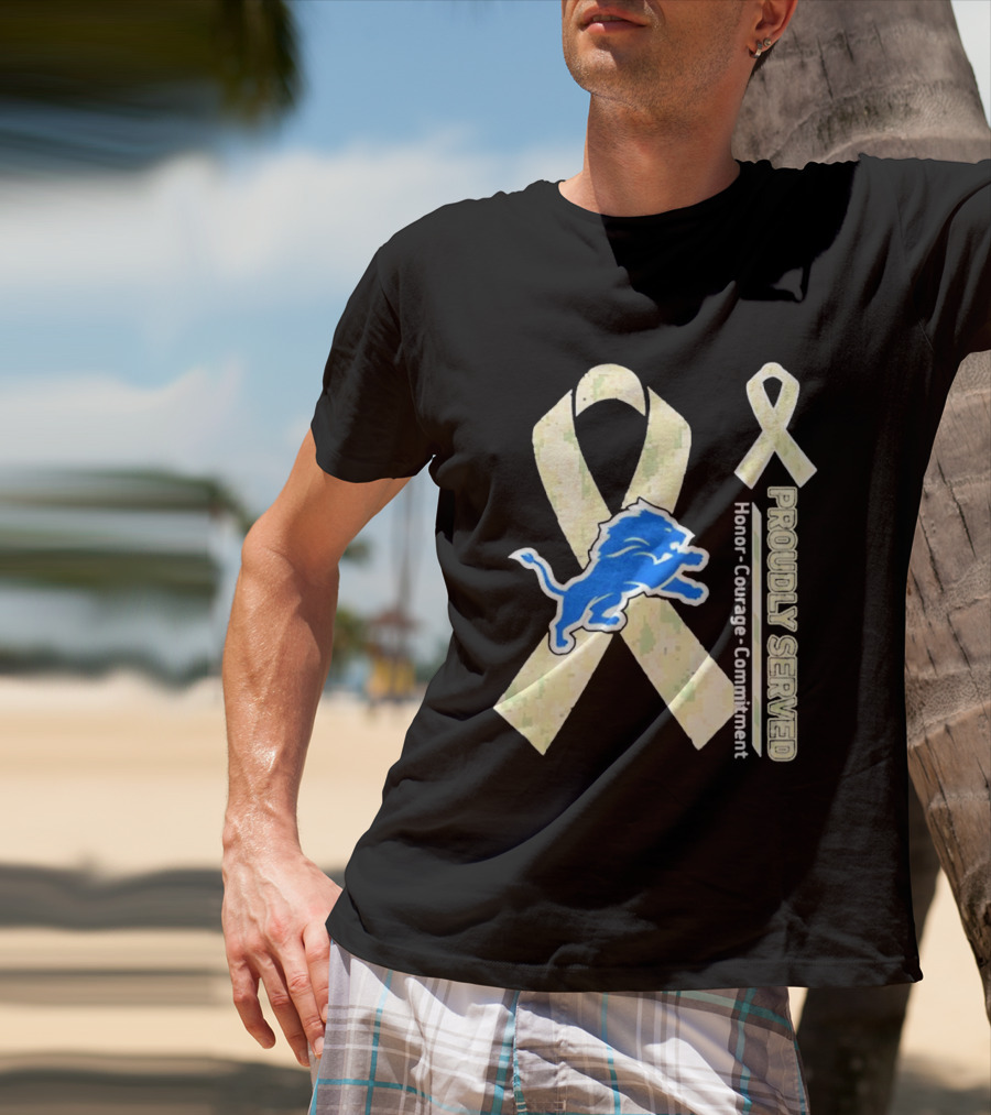 Detroit Lions Camo Ribbon Proudly Served Honor Courage Commitment T-Shirt